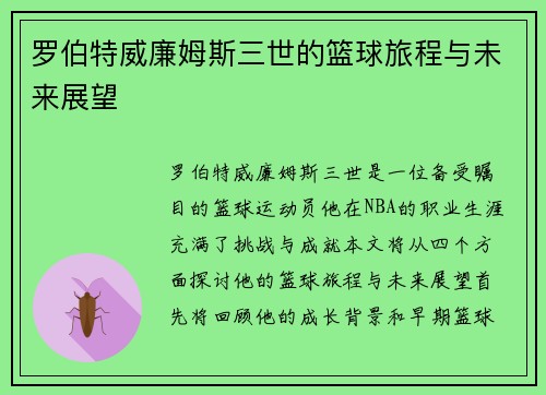 罗伯特威廉姆斯三世的篮球旅程与未来展望